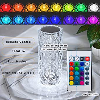 16 Colors Diamond Rose Crystal Touch Lamp Usb Rechargeable